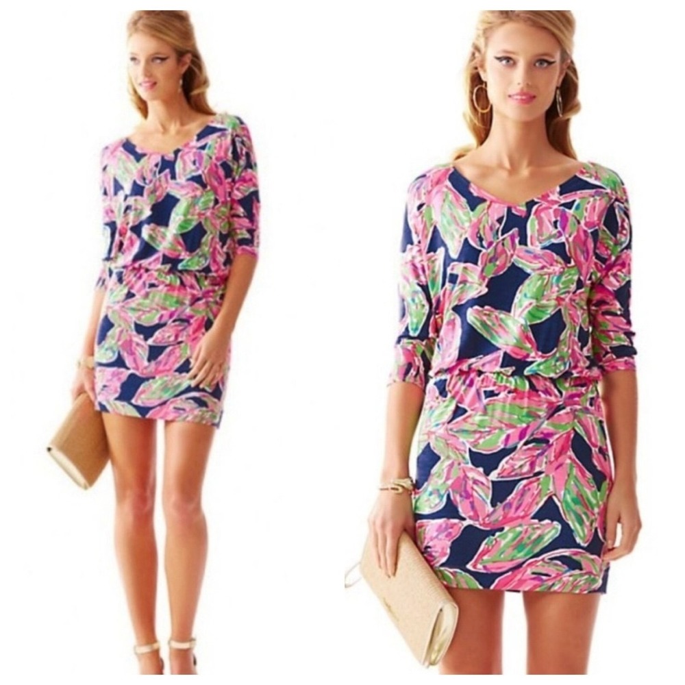 Lilly Pulitzer Womens Cara Dolman Navy Blue Pink Leaf Print‎ Sleeve Dress Size S